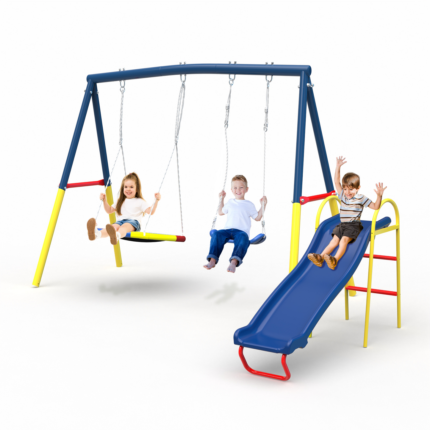3 in 1 Heavy-Duty Metal Swing Set with Slide - Blue