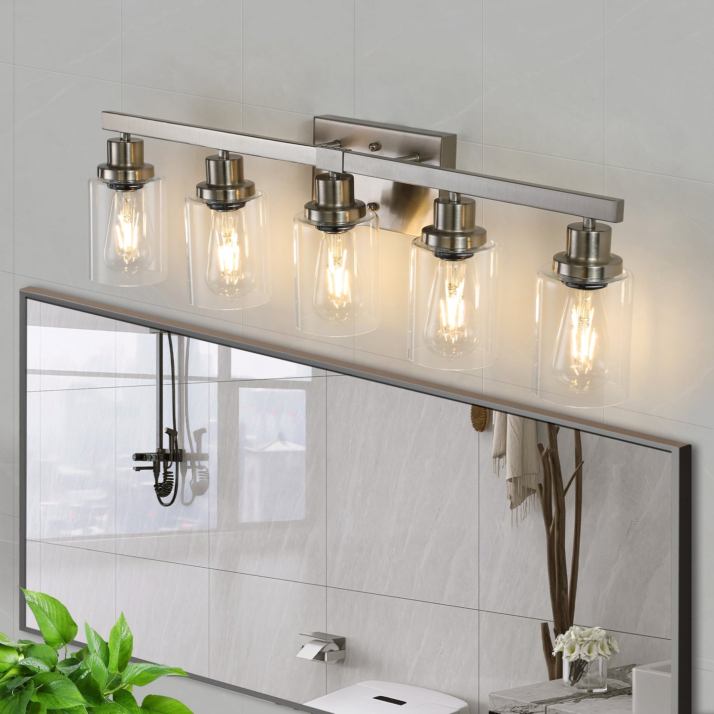 Modern 5-Light Bathroom Vanity Light Fixture - Brushed Nickel with Glass Shades