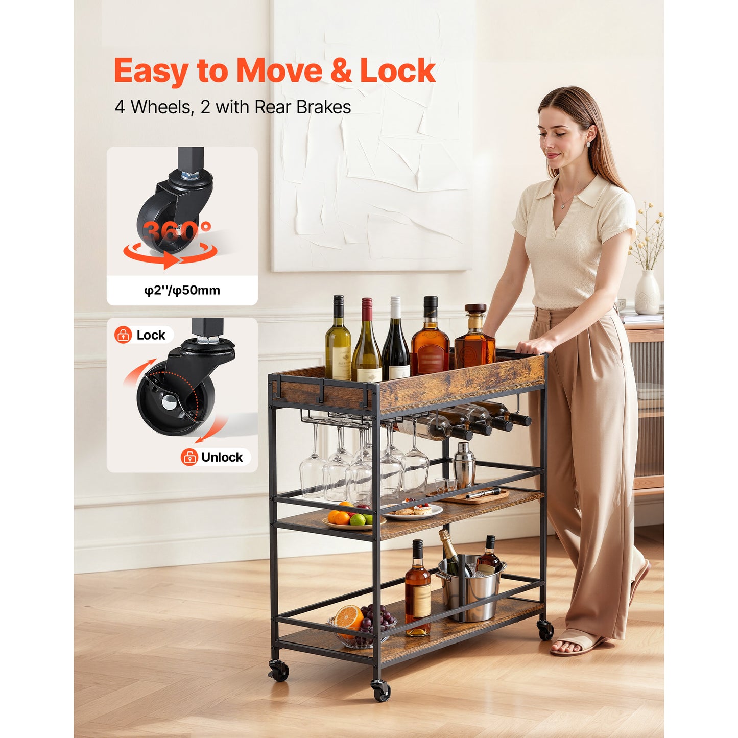 3-Tier Rustic Bar Cart with Wine Rack & Glass Holders - Mobile Serving Station
