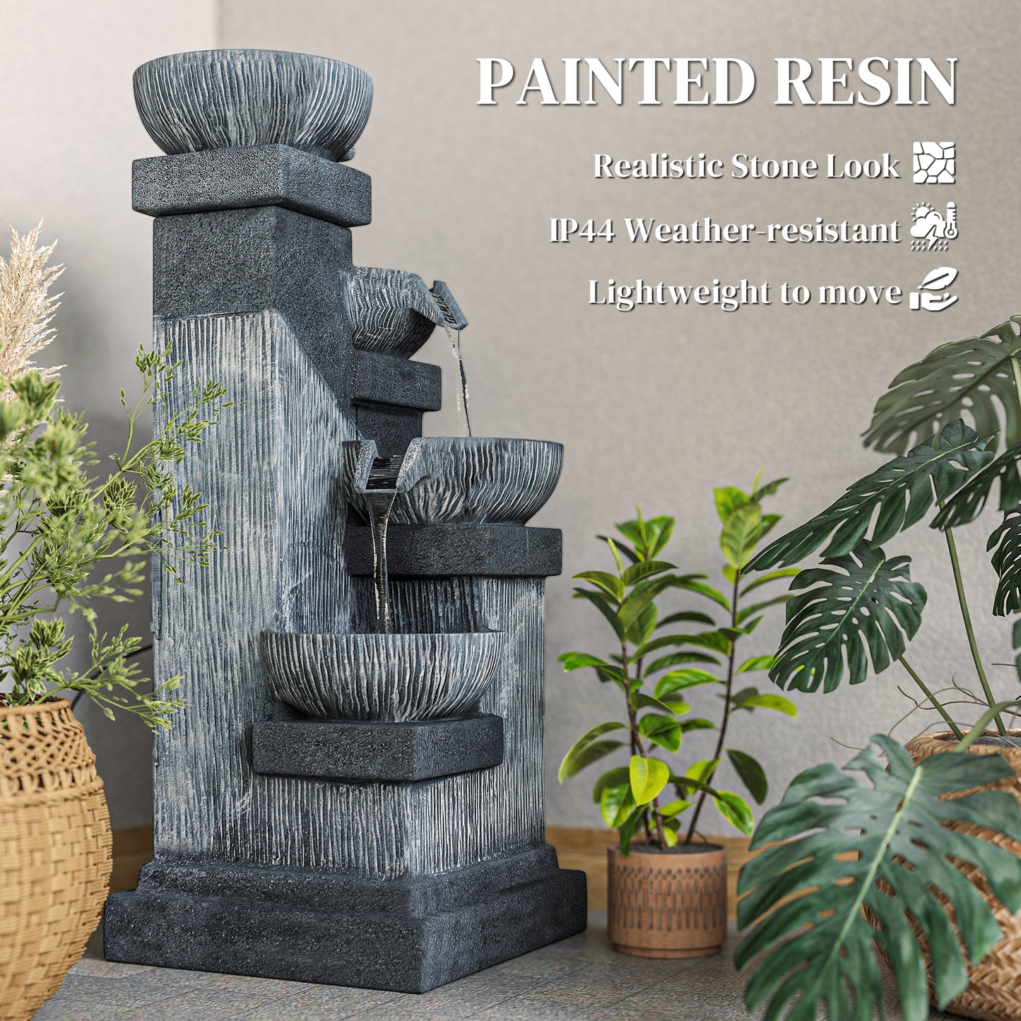 33.5-inch Outdoor Water Fountain with LED Lights 4-Tier Cascading Bowls