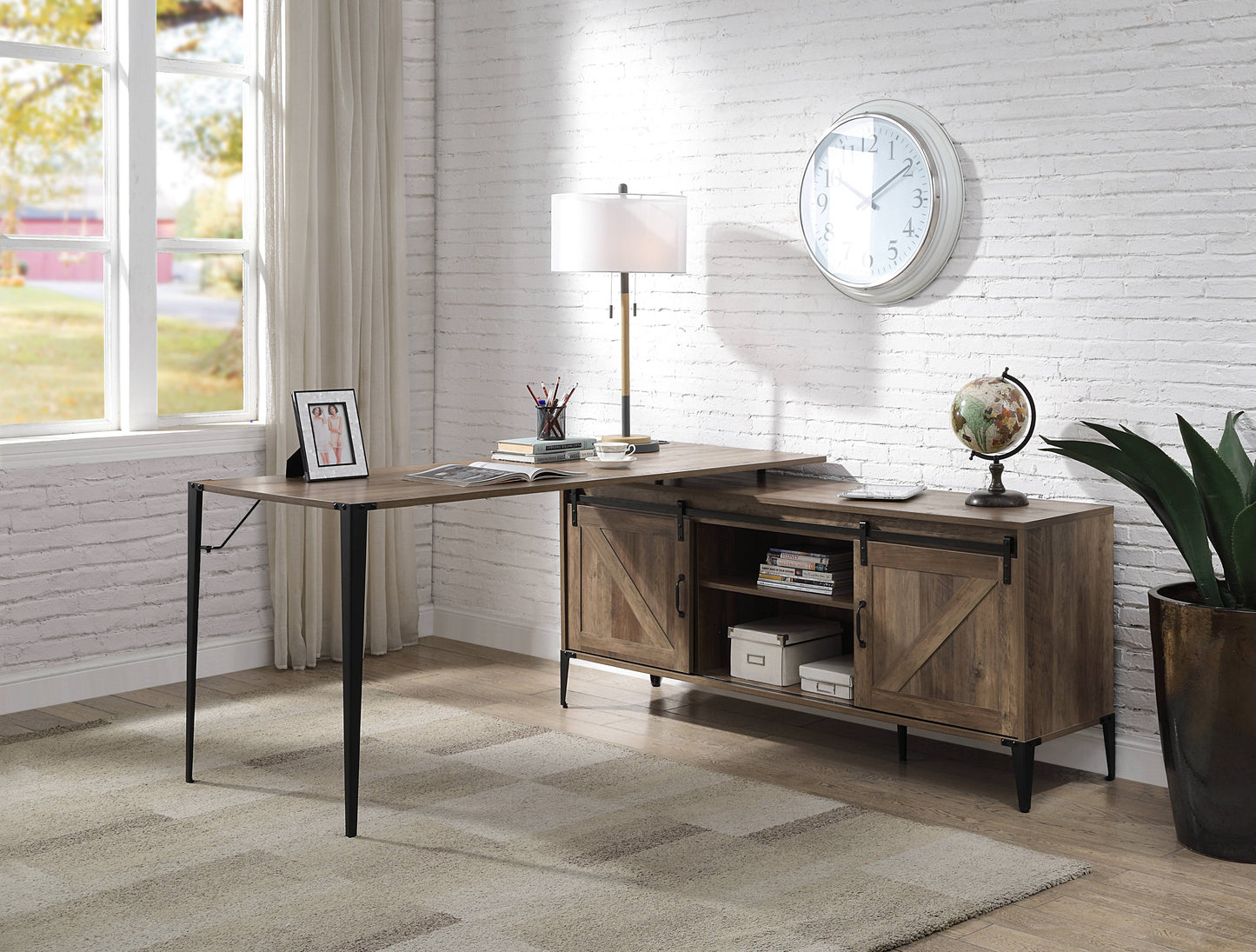 L-Shape Rustic Oak & Black Writing Desk with Storage