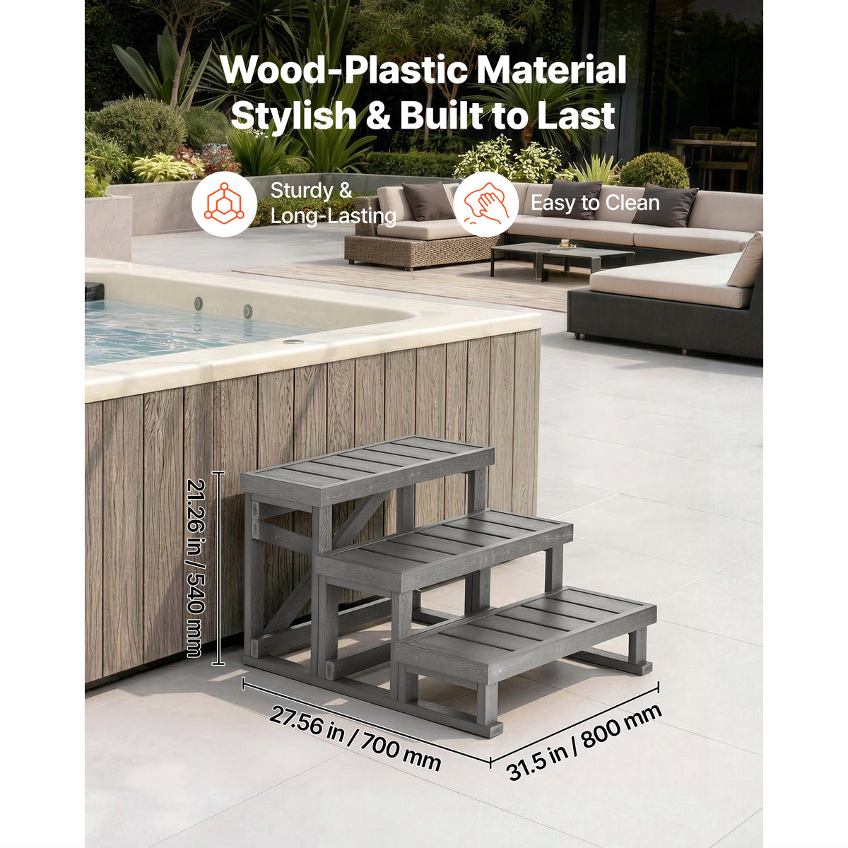 3-Step Pool & Spa Steps - Wide Outdoor Ladder, Non-Slip, Easy Assembly