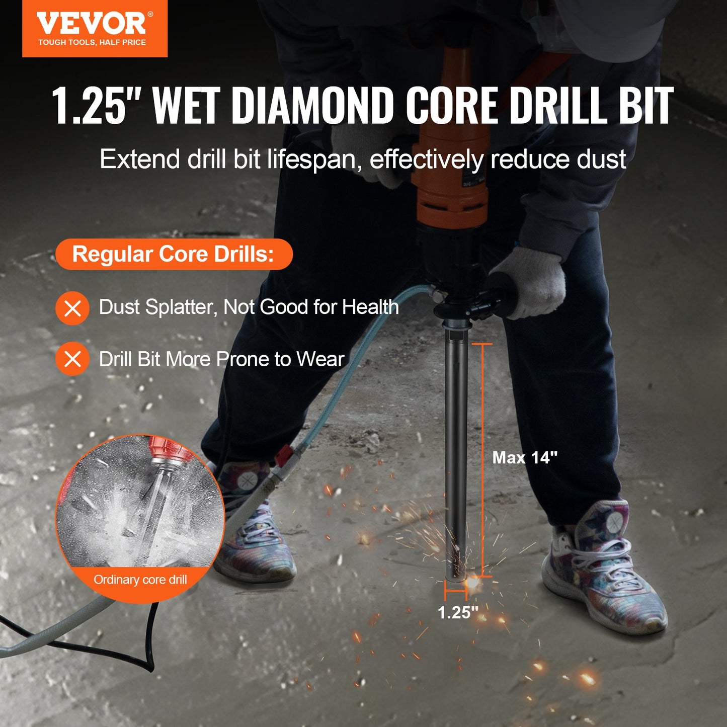 Wet Diamond Core Drill Bit 1-1/4 Inch for Concrete and Masonry - 14 Inch Depth, Black