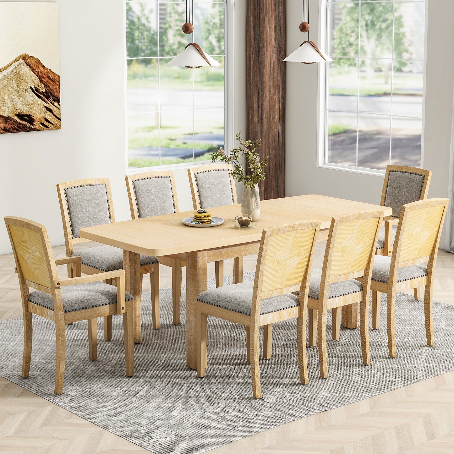 Rustic Extendable Dining Table Set with 8 Chairs - Natural Grey