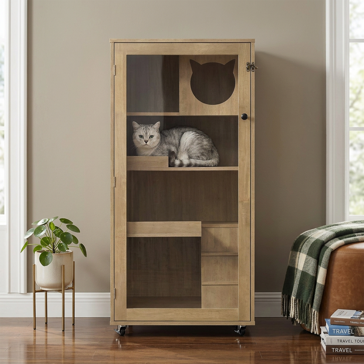 Rubber Wood Cat Enclosure with Multi-Level Shelves & Lockable Wheels - Natural Finish