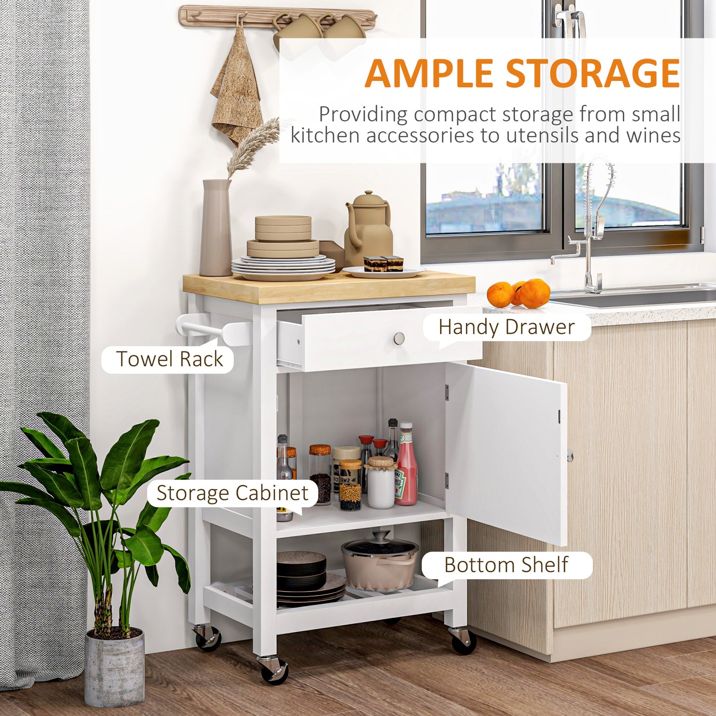 Rolling Kitchen Cart with Rubberwood Top, Drawer, and Wine Rack - White