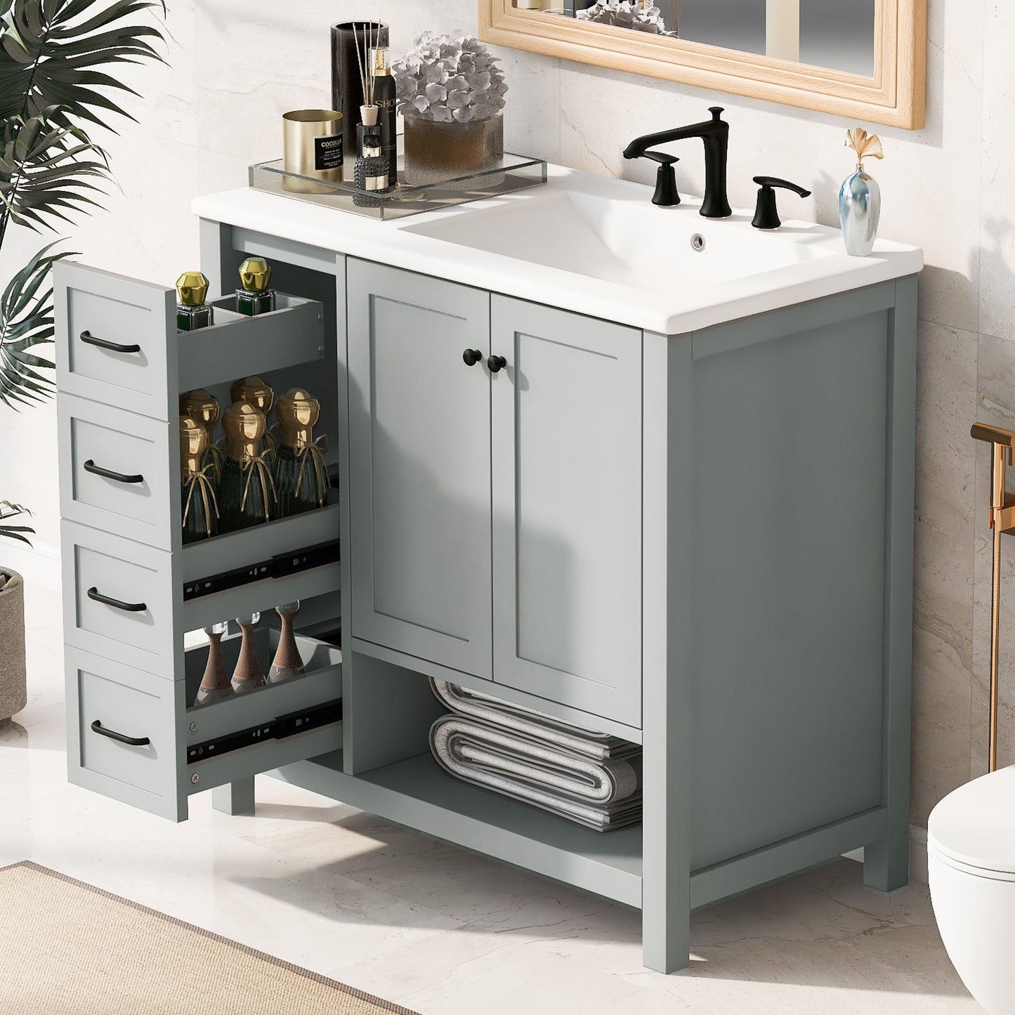 36" Grey Bathroom Vanity with Sink Top, Solid Wood Cabinet