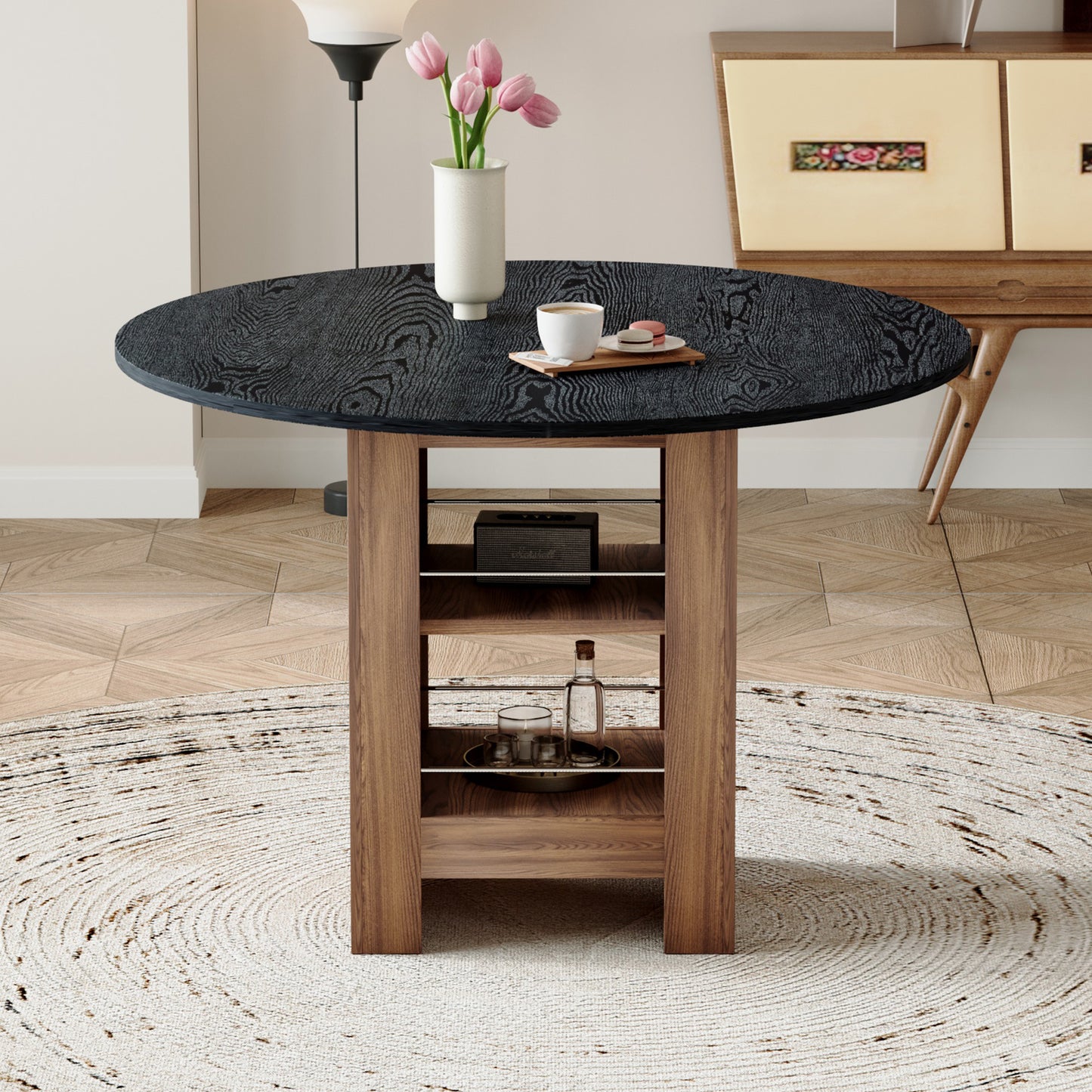 42 Inch Round MDF Black Dining Table-30 Inches High, With