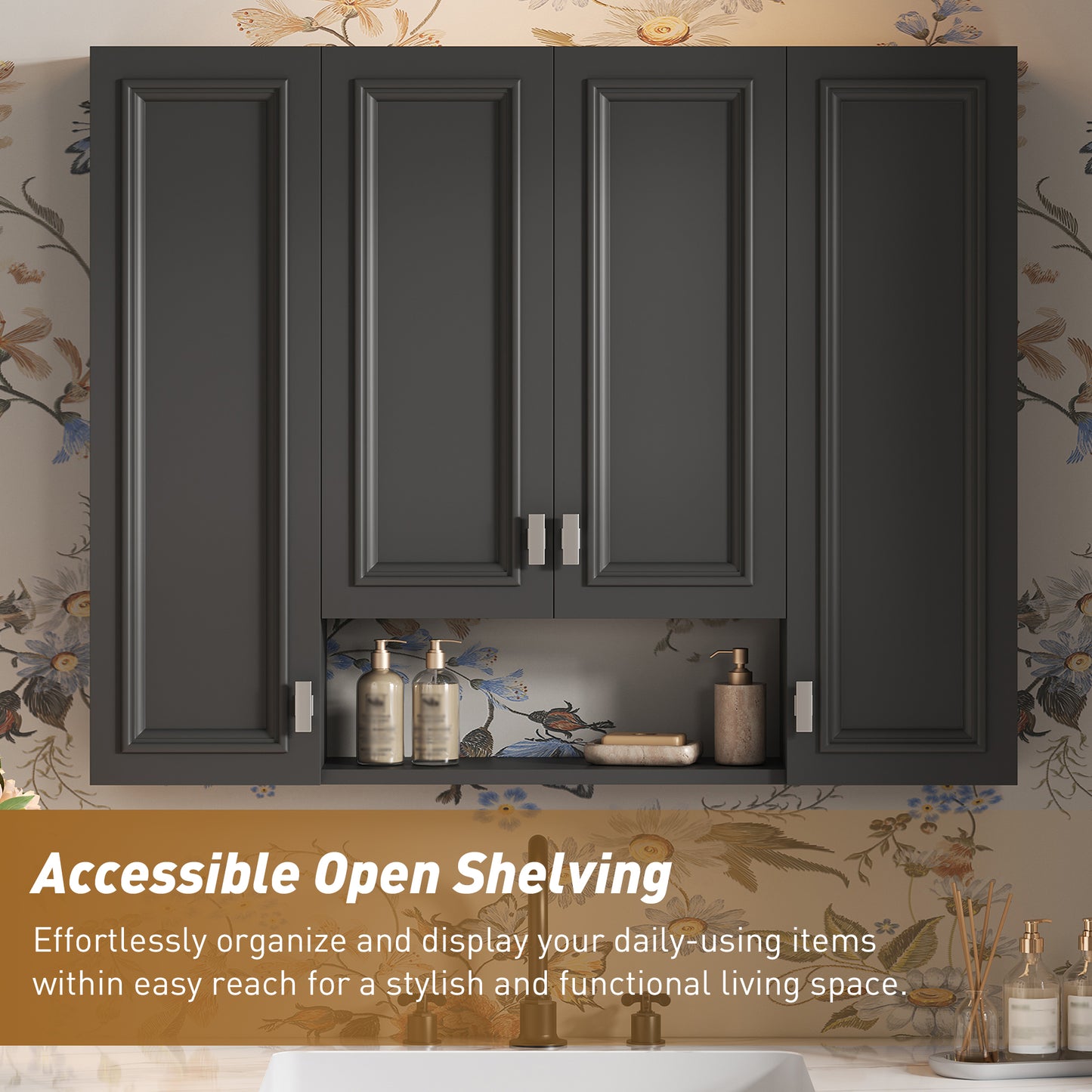 Modern Wall-Mounted Bathroom Cabinet with 5 Adjustable Shelves - Black