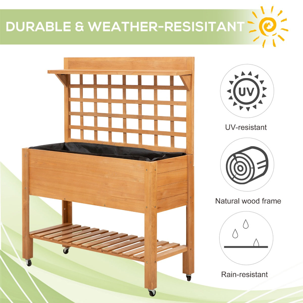 Elevated Wooden Garden Bed with Shelf and Wheels - Outdoor Herb Planter 41x18x53 Inches