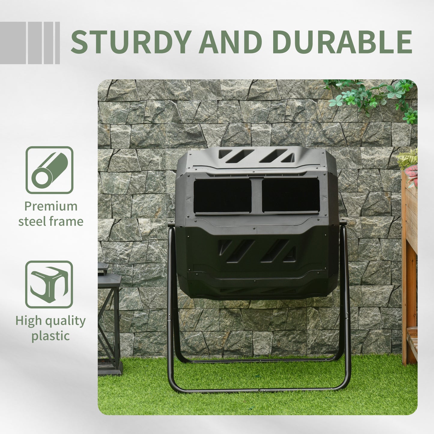 Outdoor 360° Rotating Compost Bin 43 Gallon Dual Chamber Garden Tumbler Black
