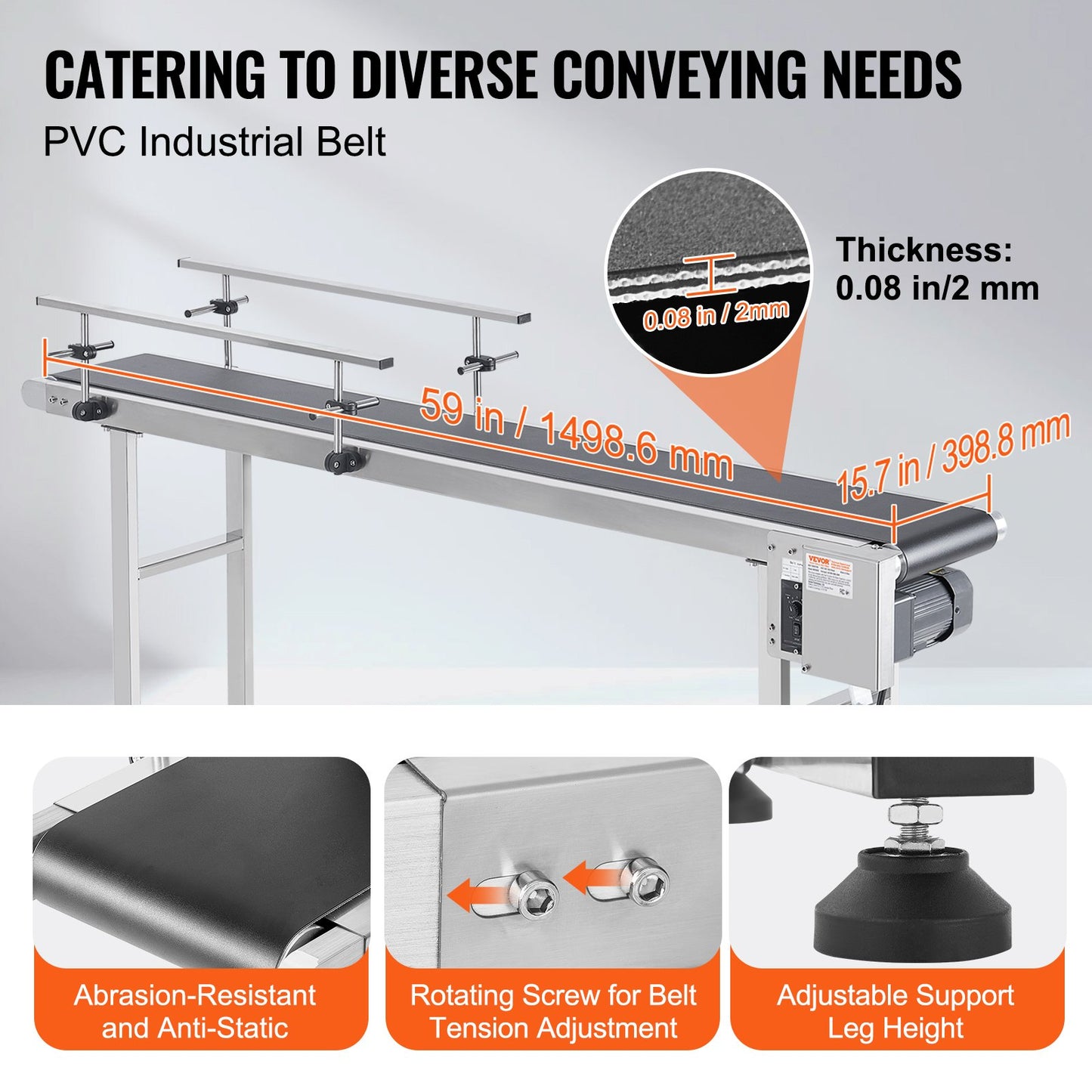Heavy Duty Stainless Steel Belt Conveyor 59x15.7 Inch Adjustable Speed PVC Belt
