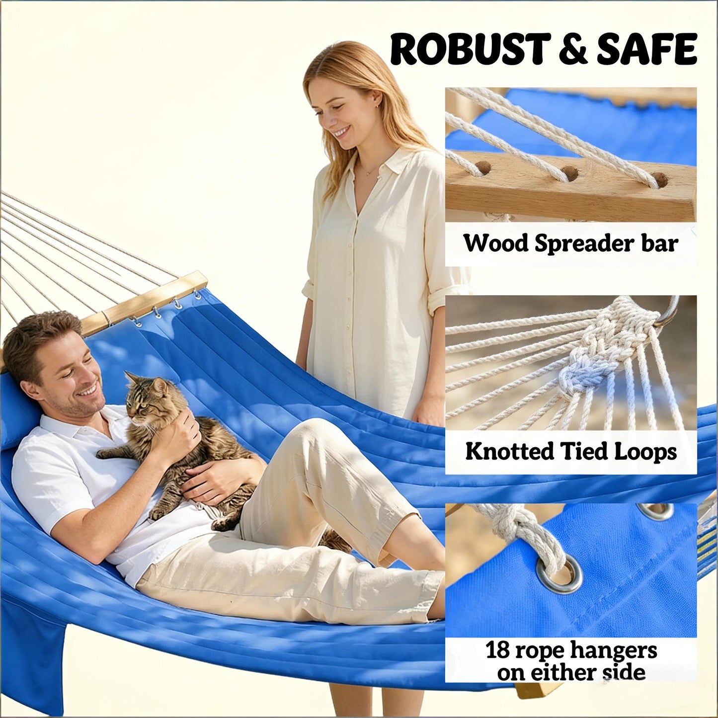 Double Outdoor Hammock for 2 - Quilted with Natural Wood & Navy Blue