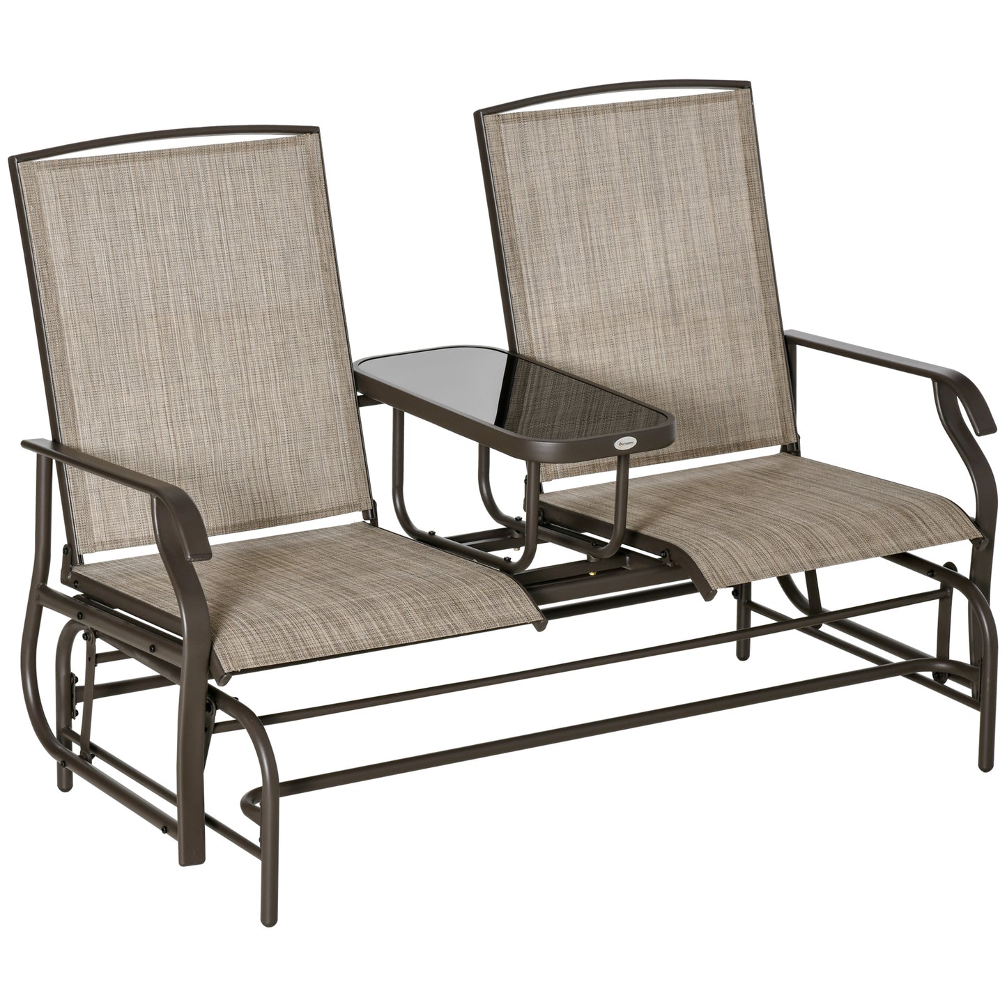 Two-Person Outdoor Glider Bench with Center Table - Brown