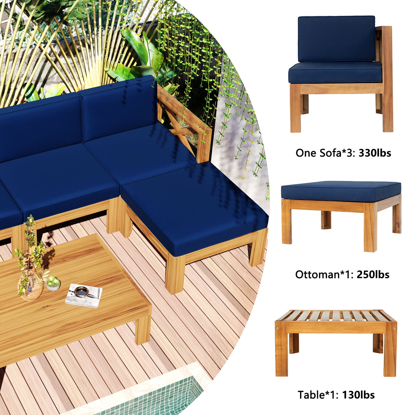5-Piece Outdoor Patio Sectional Sofa Set with Blue Cushions
