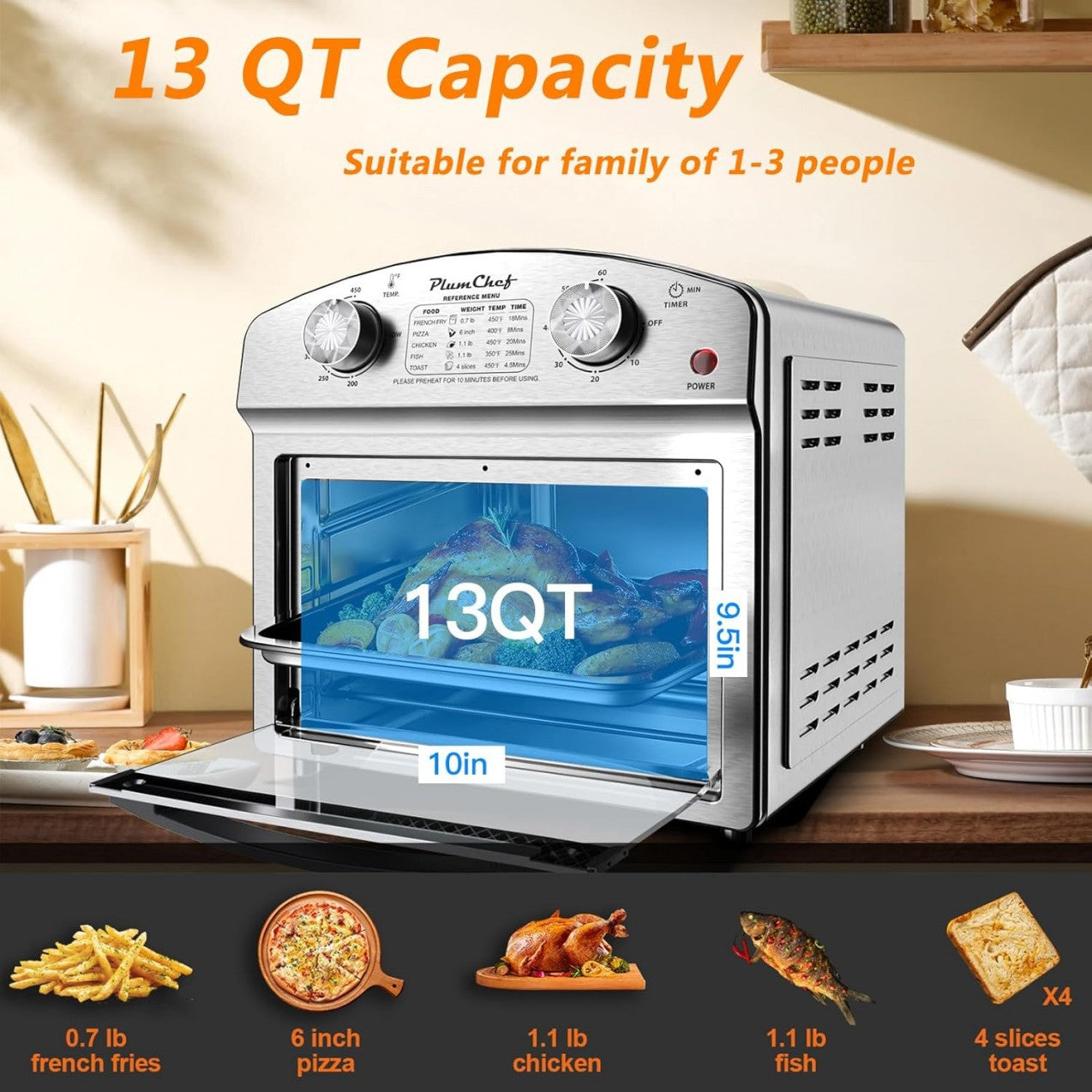 12.5 Qt Stainless Steel Air Fryer with Dual Knob Control and Presets