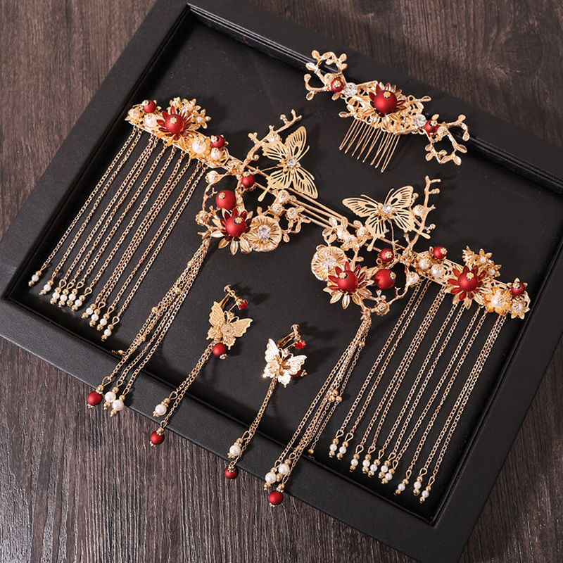 Chinese Style Bride Phoenix Crown Headband - Red Alloy Vintage Hair Accessory