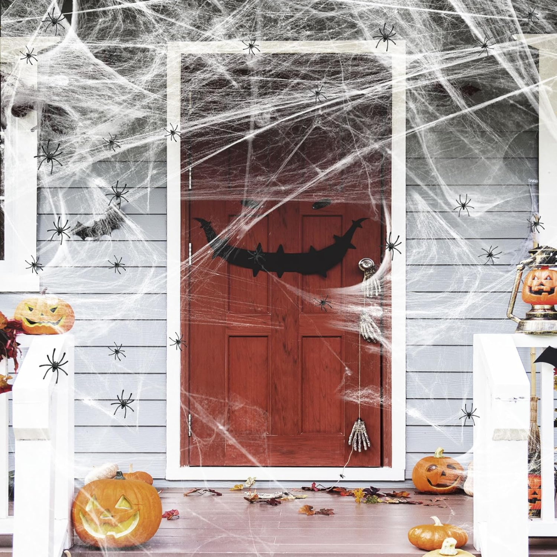 White Spider Webs with 50 Fake Spiders for Halloween Decor