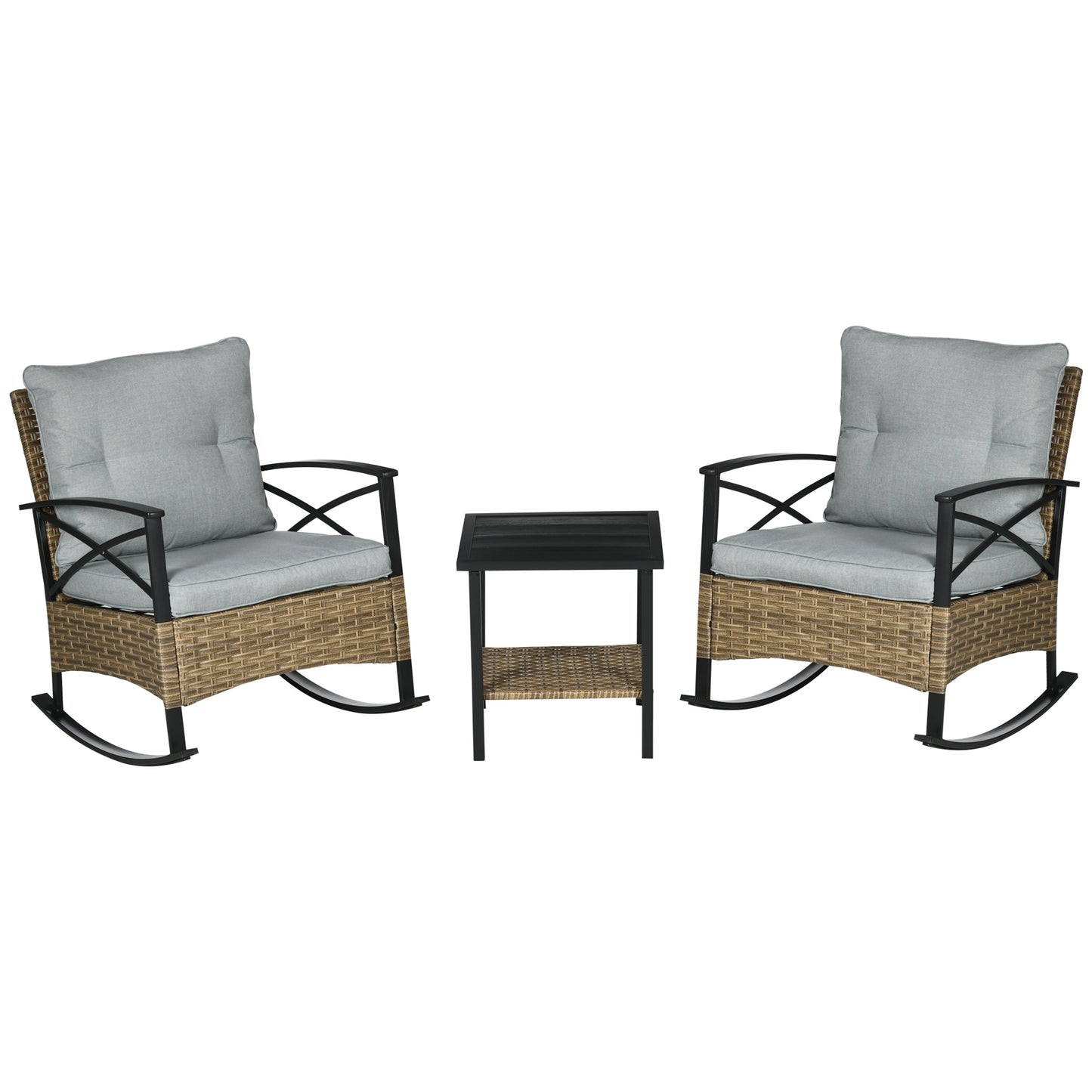 3-Piece Outdoor Wicker Rocking Chair Set with Cushions & Coffee Table - Light Gray