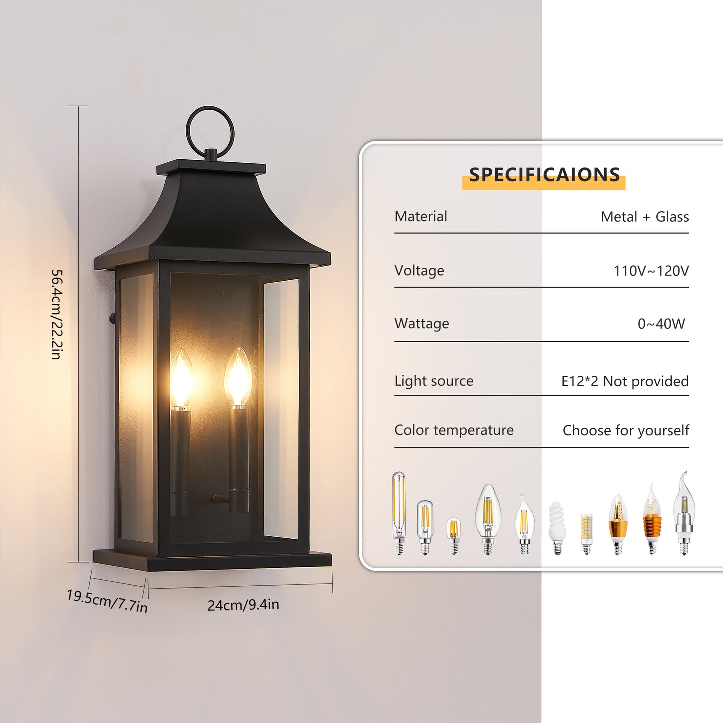 Large Outdoor Wall Lantern with Dusk to Dawn Sensor - Black Metal Sconce for Porch & House