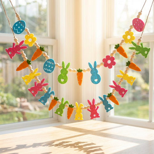 Felt Easter Garland Banner - Colorful Bunny, Carrot & Egg Decor
