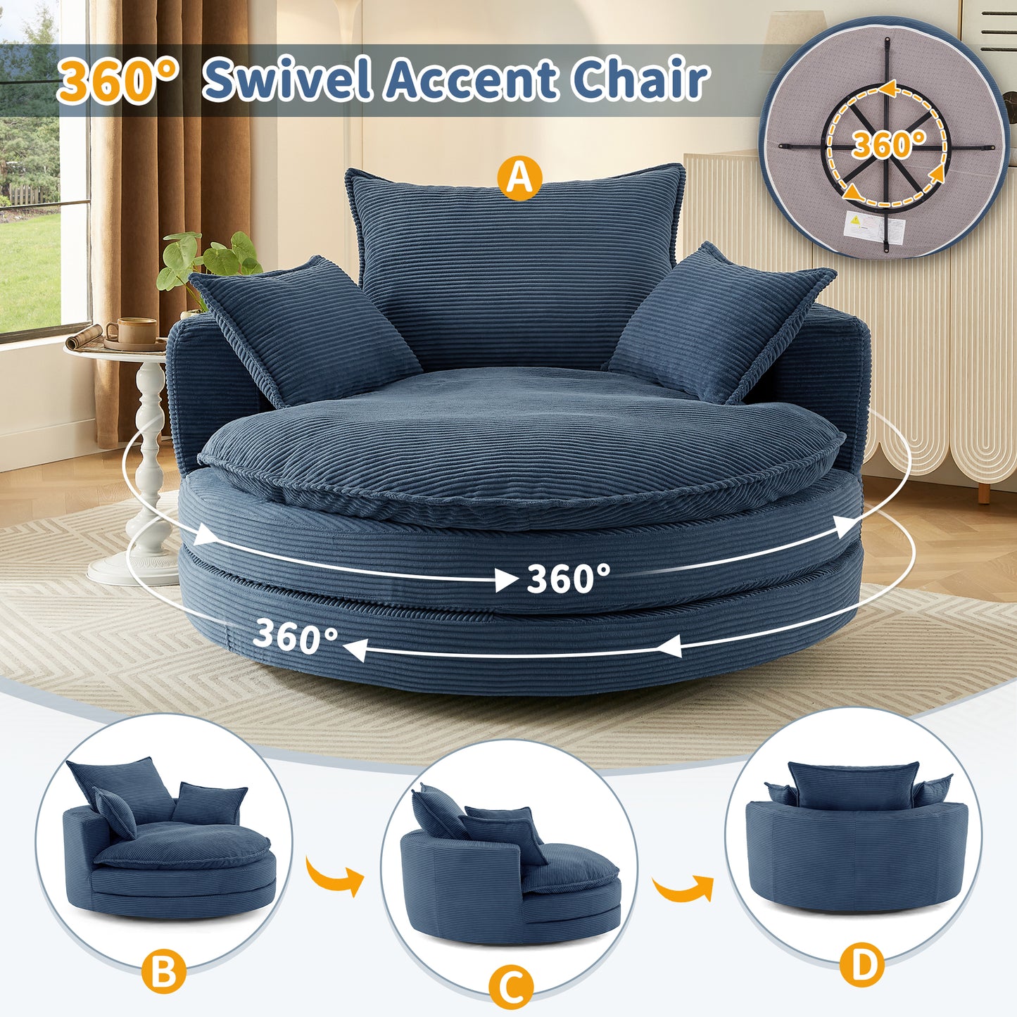 360° Swivel Accent Chair with Dual-Layer Cushion - Blue