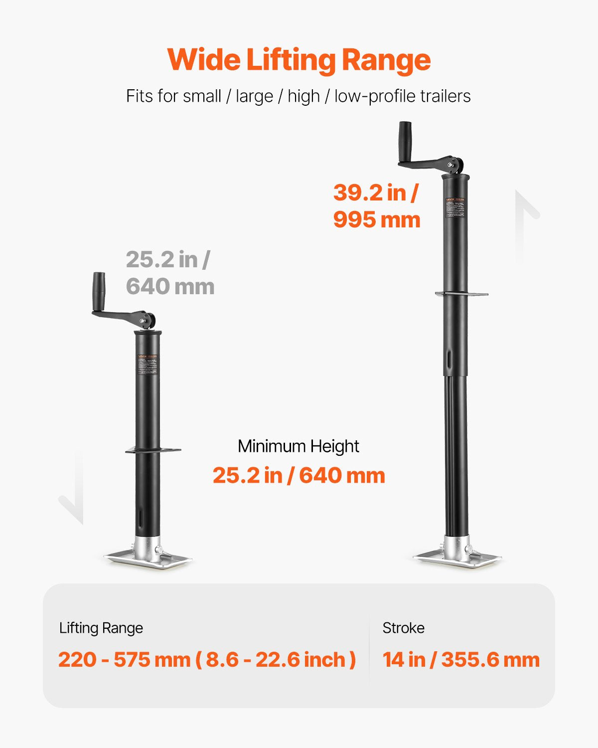 Heavy-Duty A-Frame Trailer Jack 2000 Lb Capacity with Handle & Rectangular Footpad - 15-Inch Travel