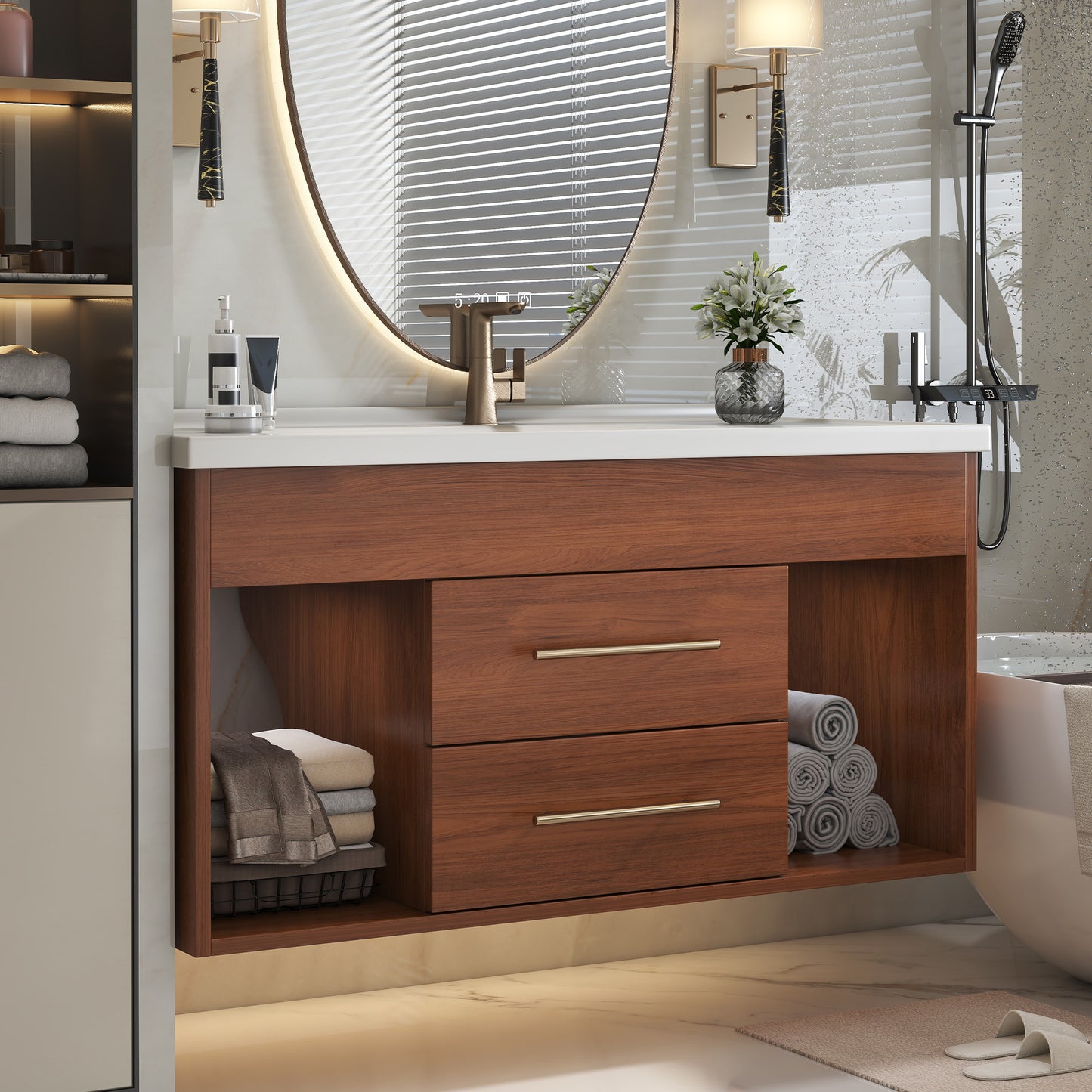35.4" Mid-Century Modern Bathroom Vanity with Undermount Sink - White/Walnut