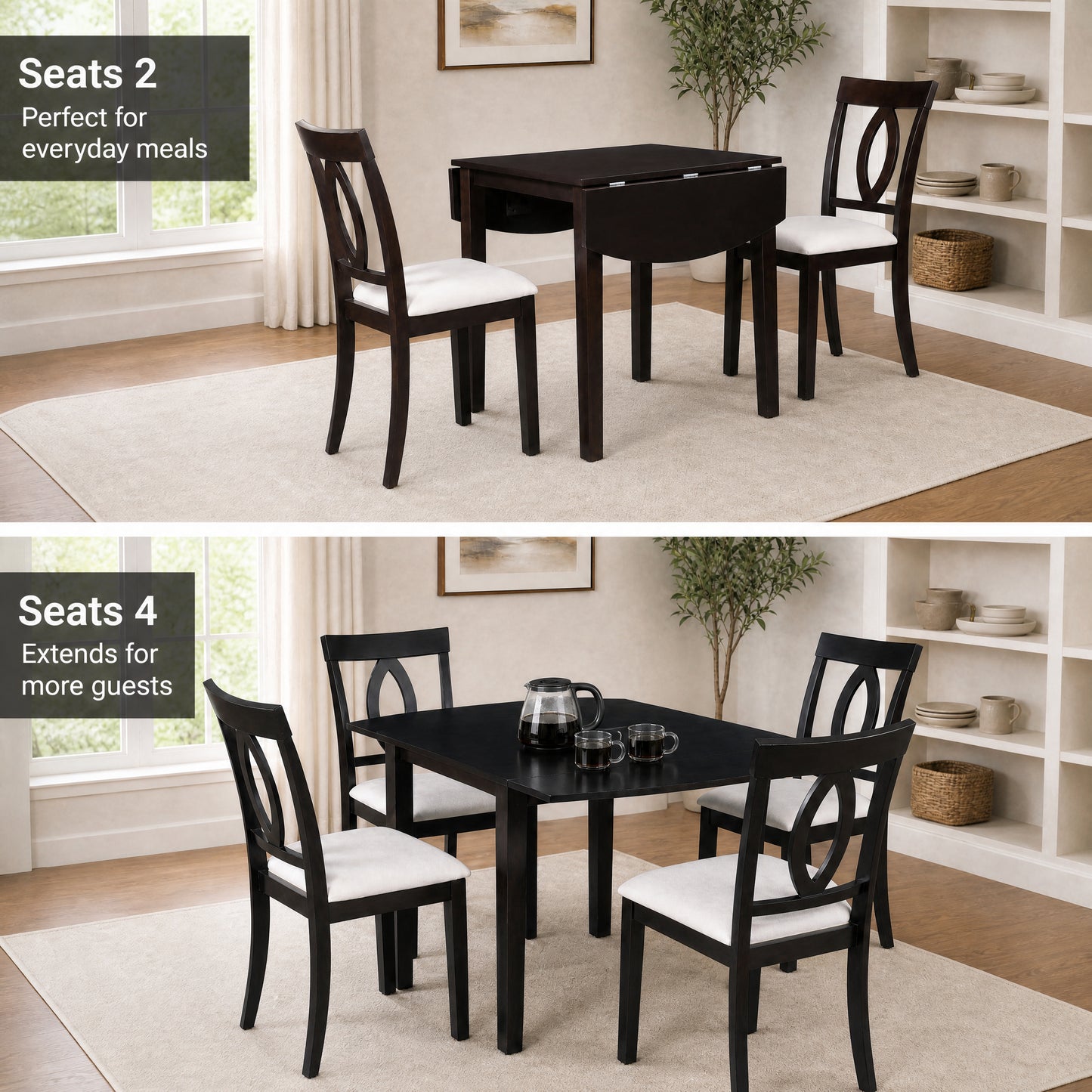 Drop Leaf Dining Table Set with 2 Upholstered Chairs - Dark Brown