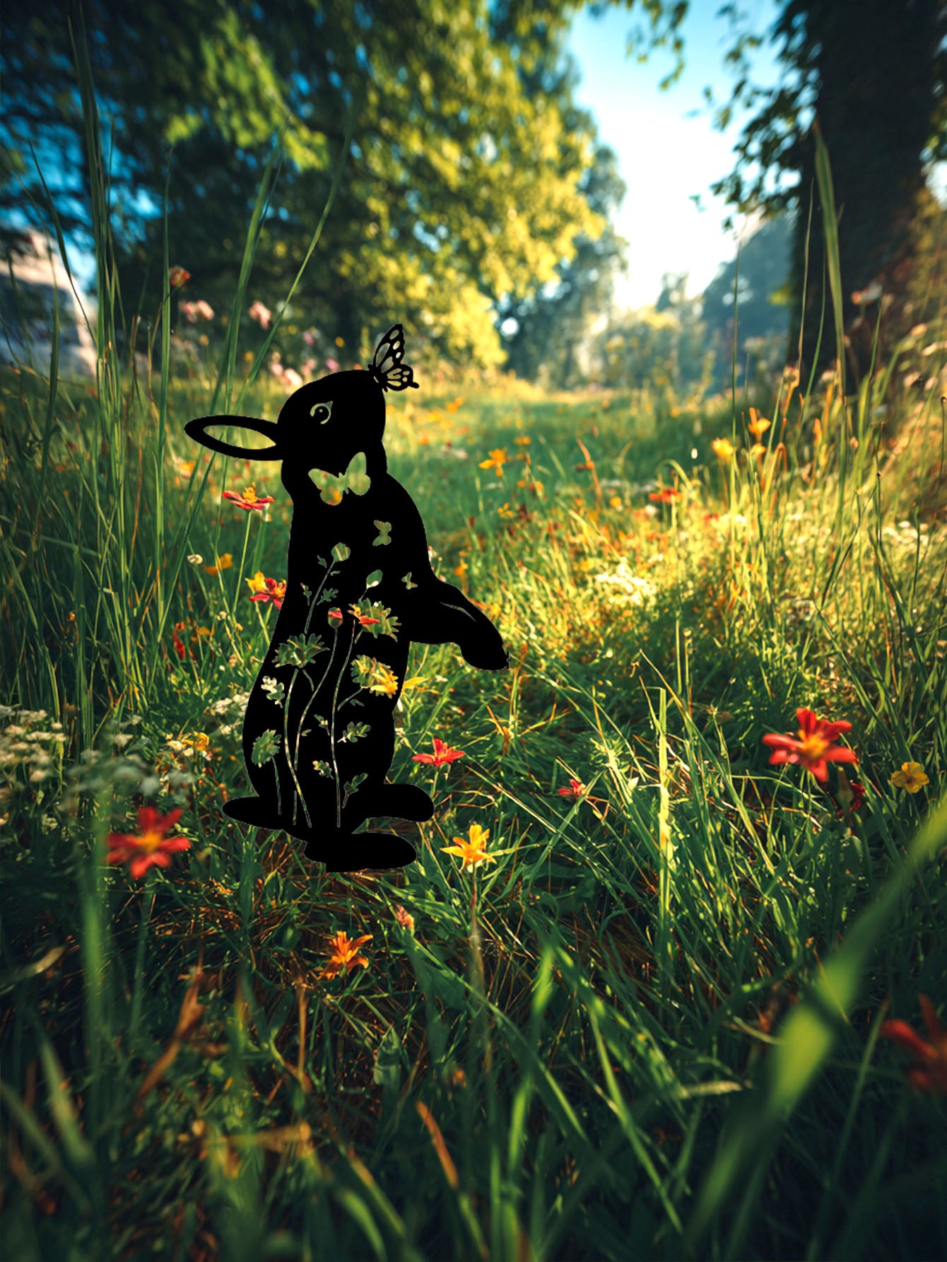 Metal Rabbit Garden Stake & Wall Sculpture - Outdoor Yard Art for Patio