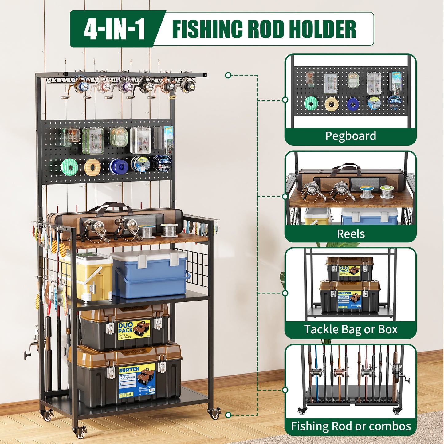 Heavy Duty Fishing Rod Storage Rack with Pegboard & Lockable Wheels