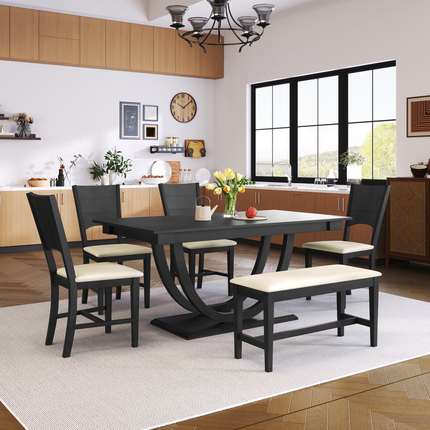 6-Piece Modern Gray Wood Dining Table Set with Bench & Chairs