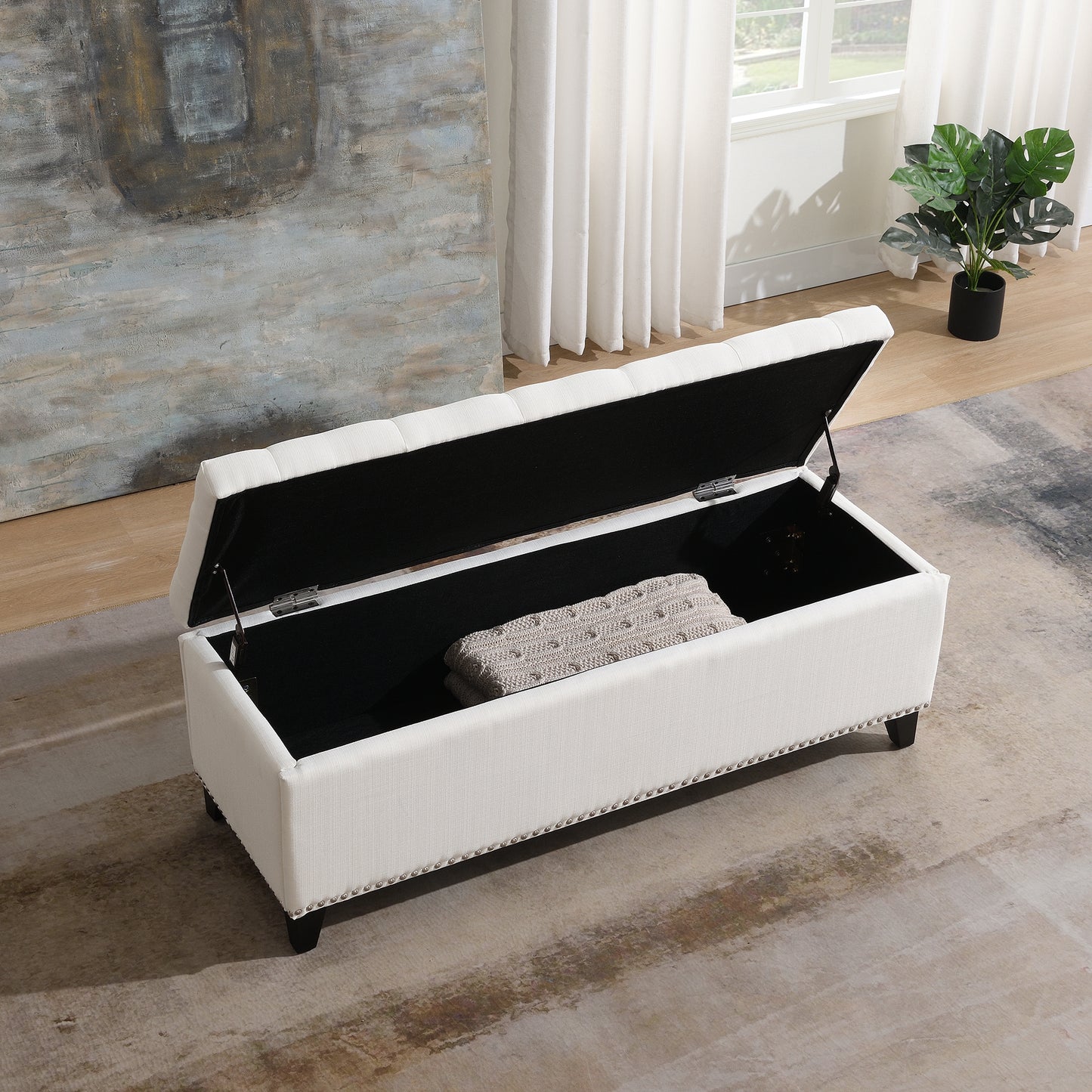 47.5 Storage Ottoman, Bench With Safety Close Hinge, Linen