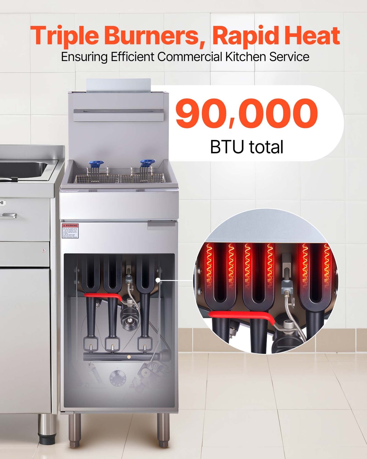 Commercial Deep Fryer - 3-Burner Natural Gas Fryer with Dual Baskets