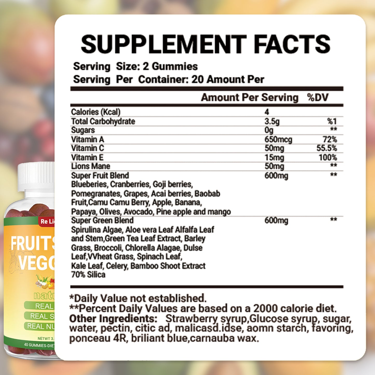 Fruit and Vegetable Gummies - Daily Nutritional Supplement - 40 Count