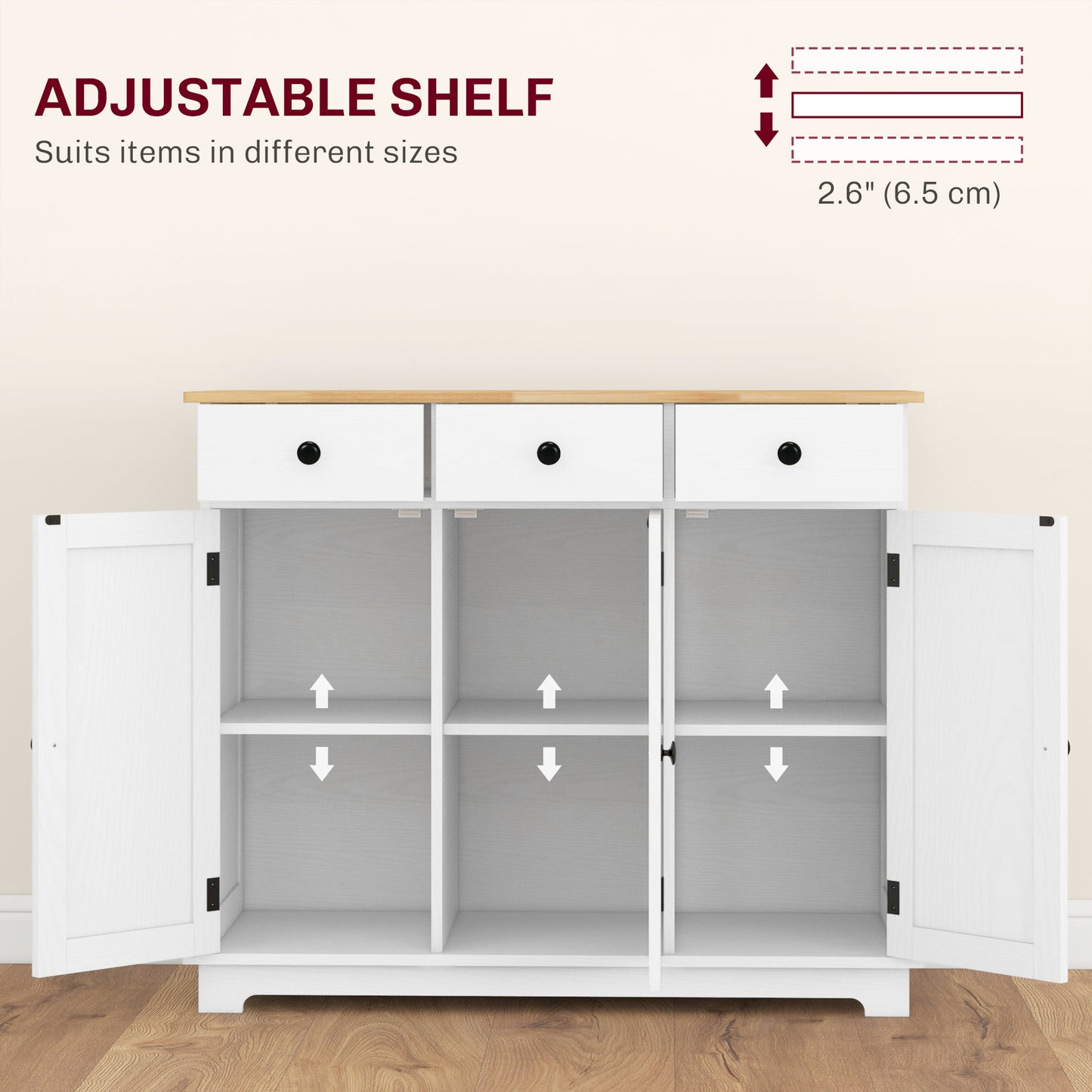 Kitchen Storage Cabinet with Adjustable Shelf & 3 Drawers - Distressed White