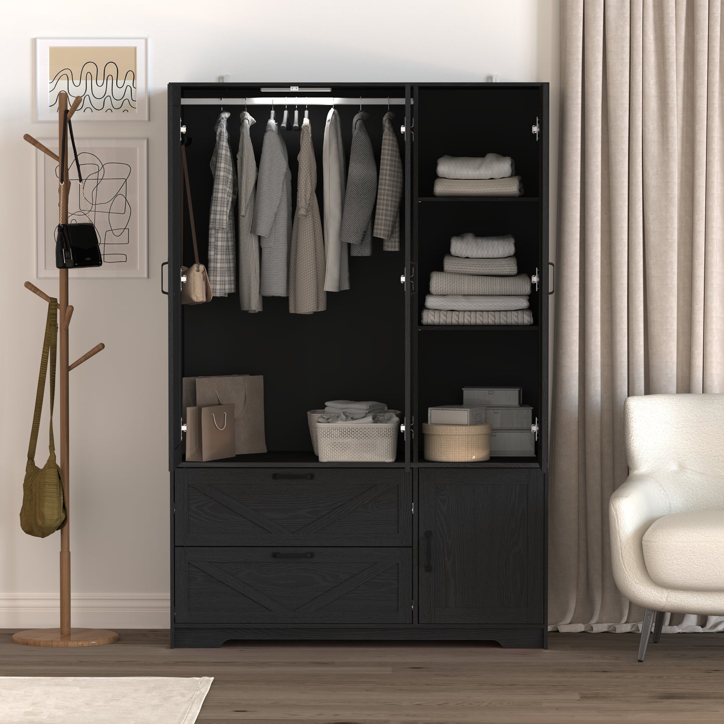 Black 4-Door Wardrobe Closet with Mirror & LED Lighting