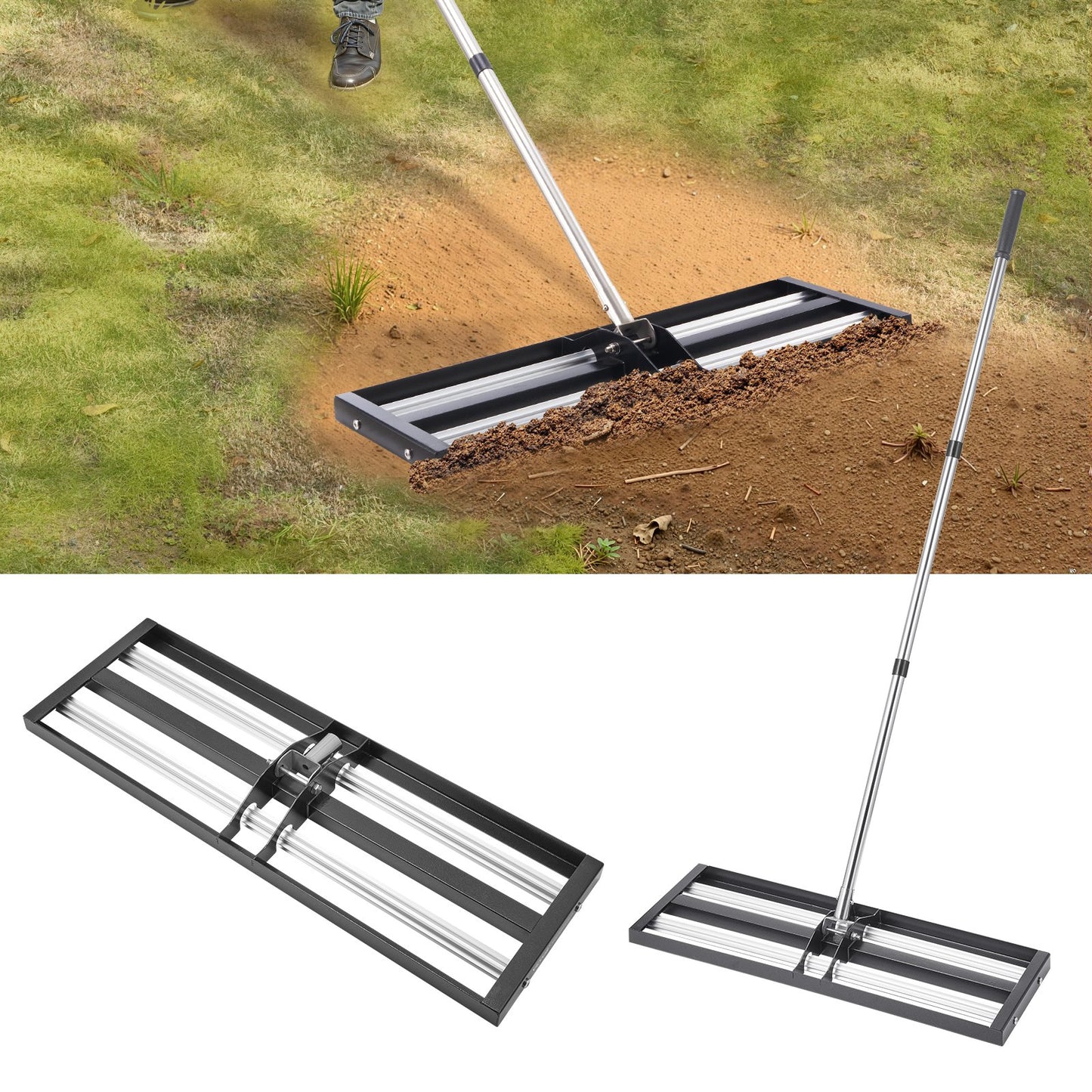 Heavy Duty Lawn Leveling Rake with Roller - Stainless Steel Yard & Golf Course Tool