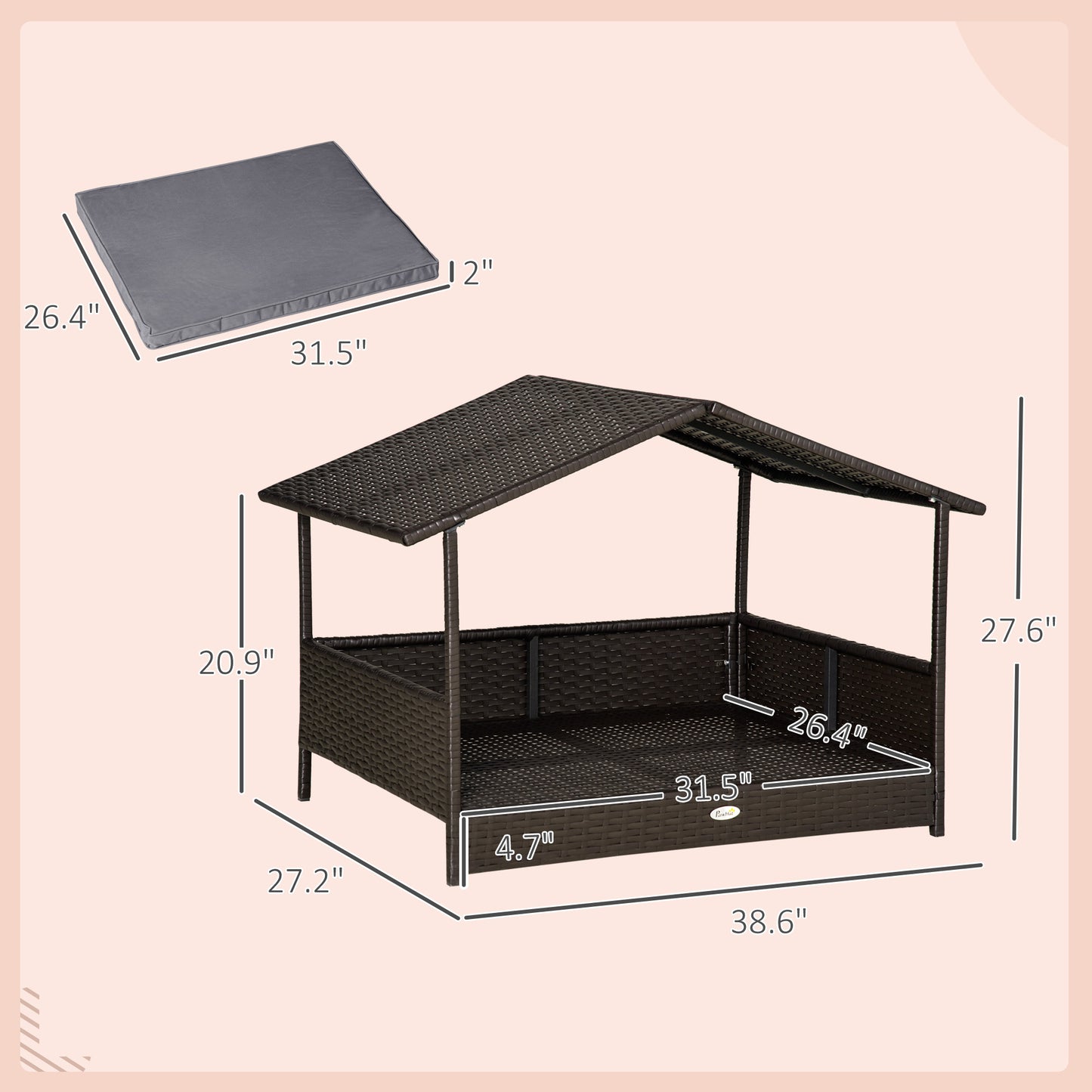 Outdoor Wicker Dog House with Canopy and Water-Resistant Cushion - Small to Medium Dogs