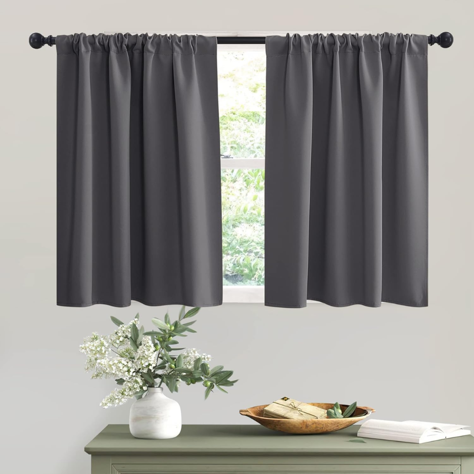 Short Grey Blackout Curtains - Thermal Insulated Privacy Drapes, 2 Panels W42 X L36