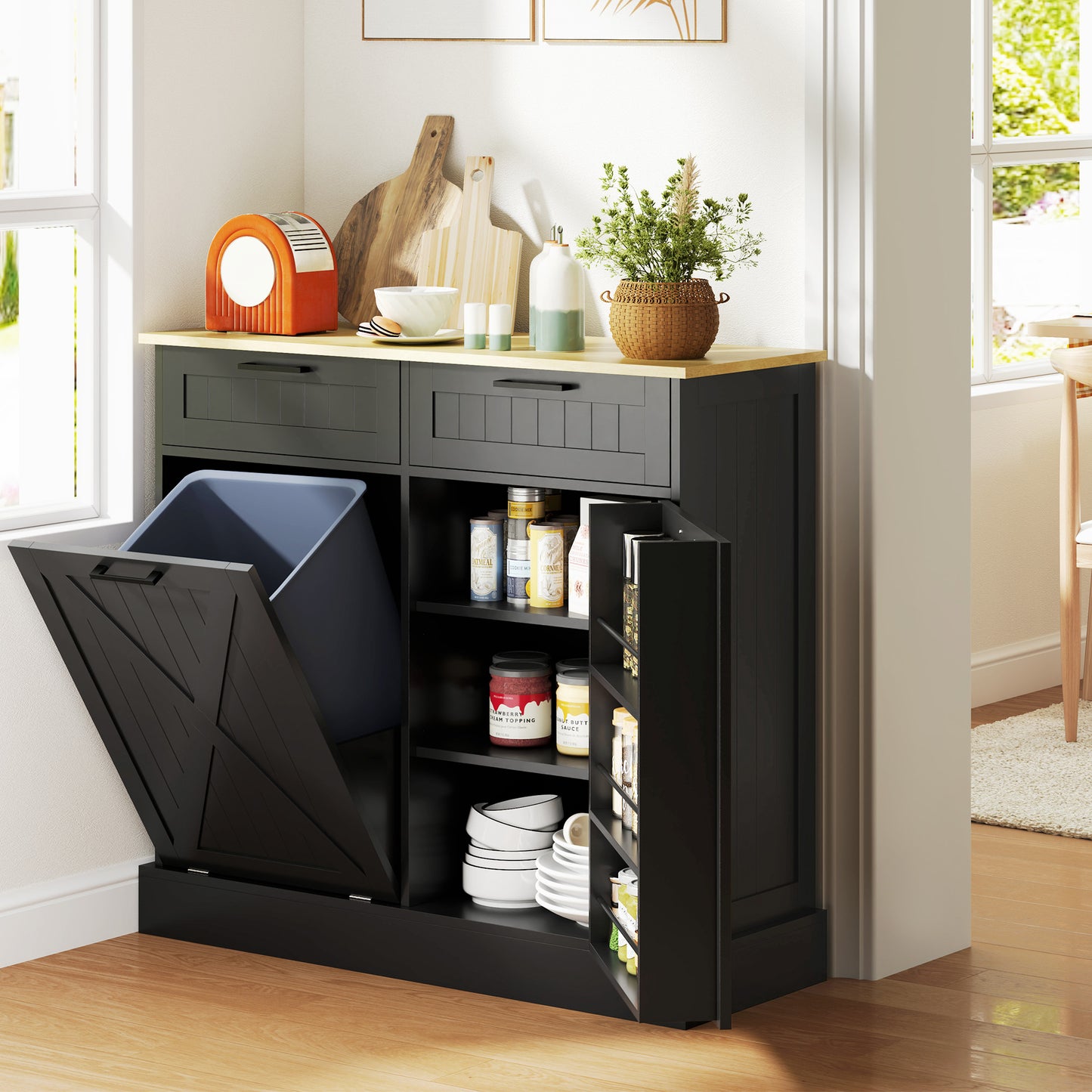 Tilt-Out Trash Can Cabinet with 2 Drawers - Black Farmhouse Style