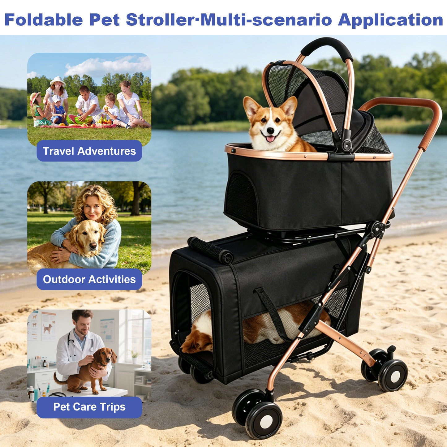 Pet Stroller with Guardrails for Small and Medium Pets - Foldable, 3-in-1 Design, Shockproof Wheels, Safety Leashes, Black