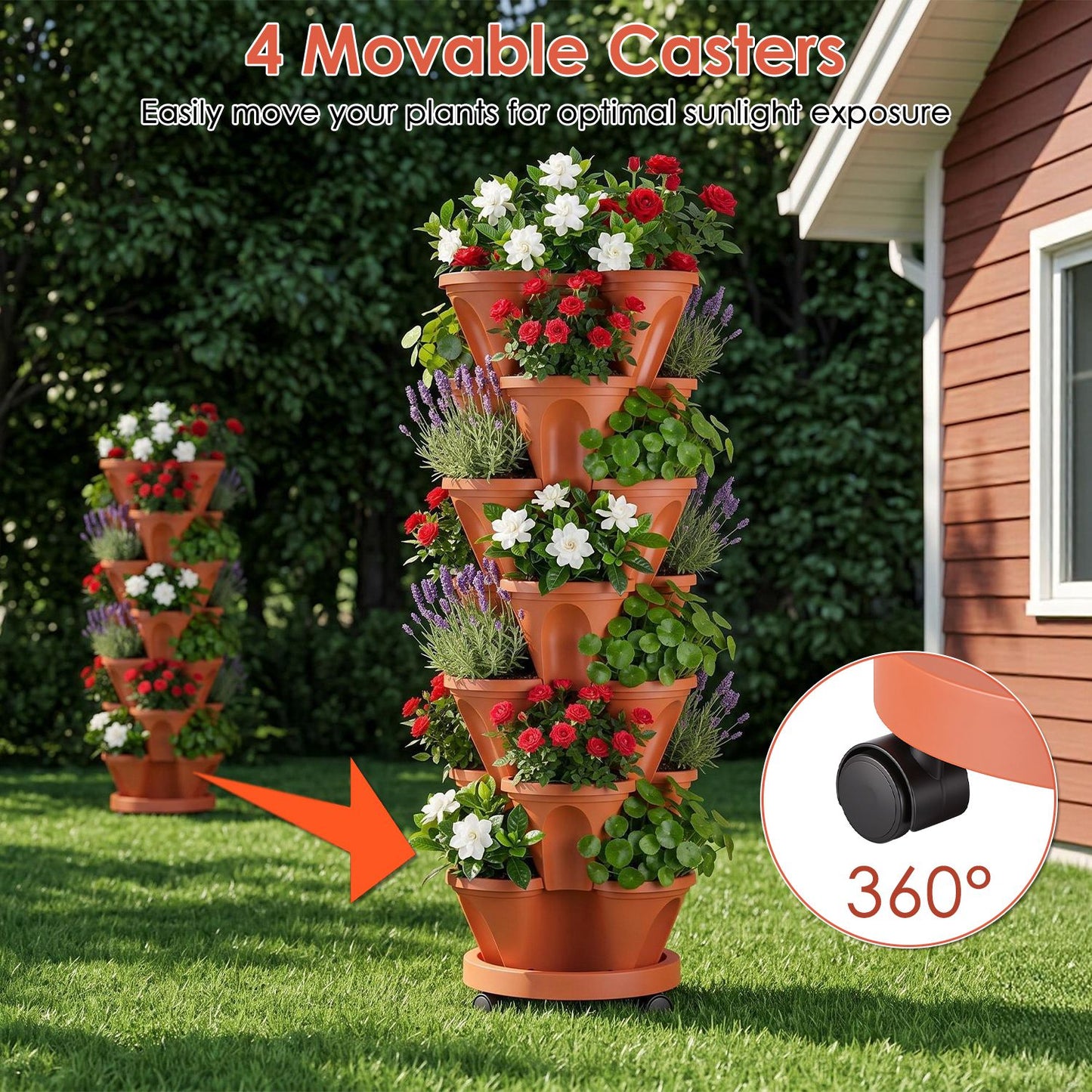7-Tier Vertical Stackable Garden Planter with Wheels and Drainage System