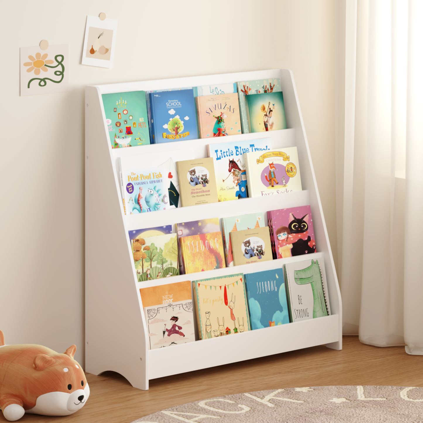 4-Tier Kids Bookshelf - White MDF Book Display Organizer