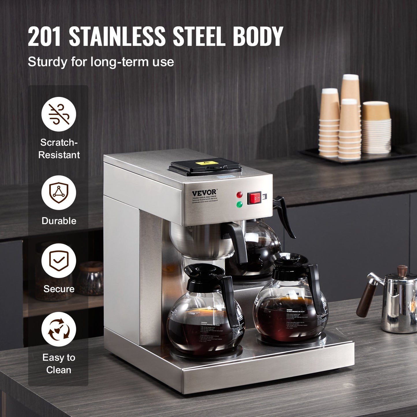 12-Cup Commercial Drip Coffee Maker with 3 Glass Carafes & Warmers - Silver