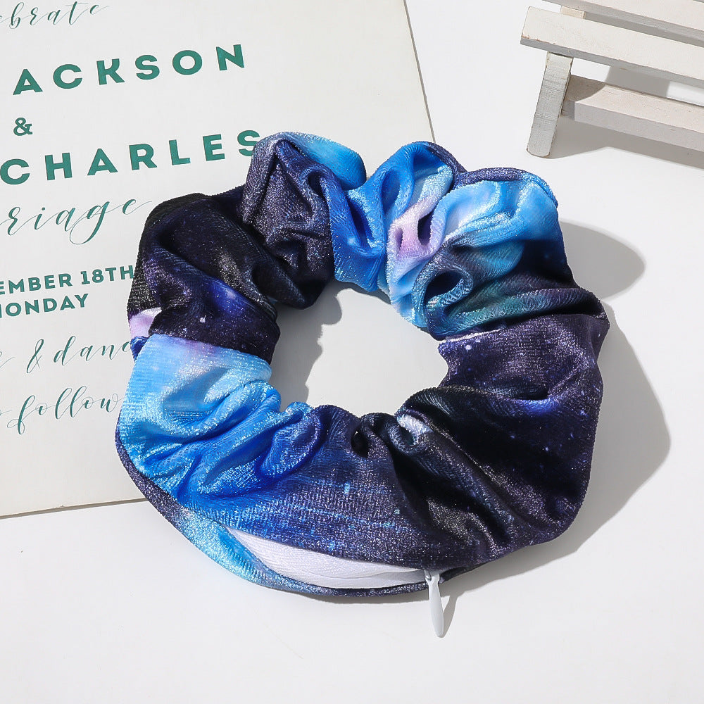 Velvet Cloth Zipper Large Hair Tie - Starry Sky Blue Elastic Hair Accessory