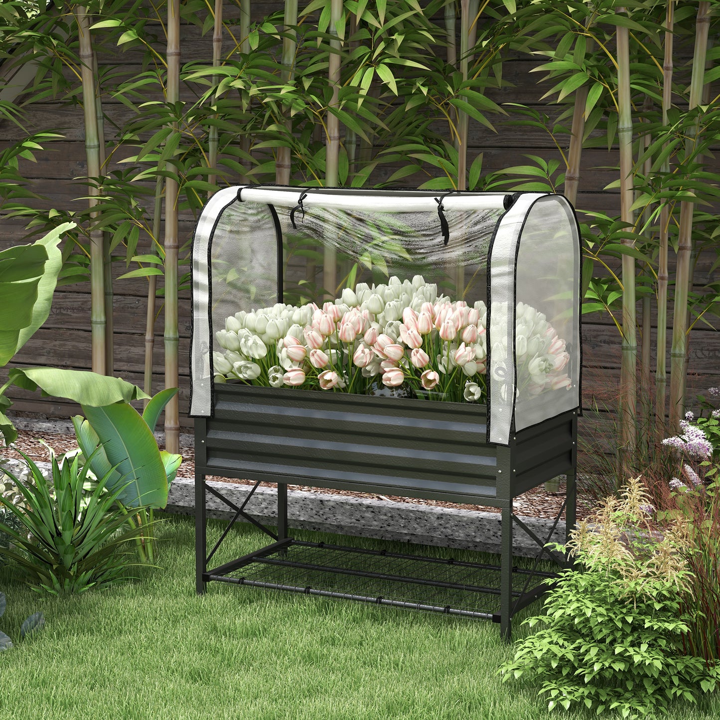 Raised Garden Bed with Cover and Legs - Metal Elevated Planter Box, Black, 1180x370x95mm