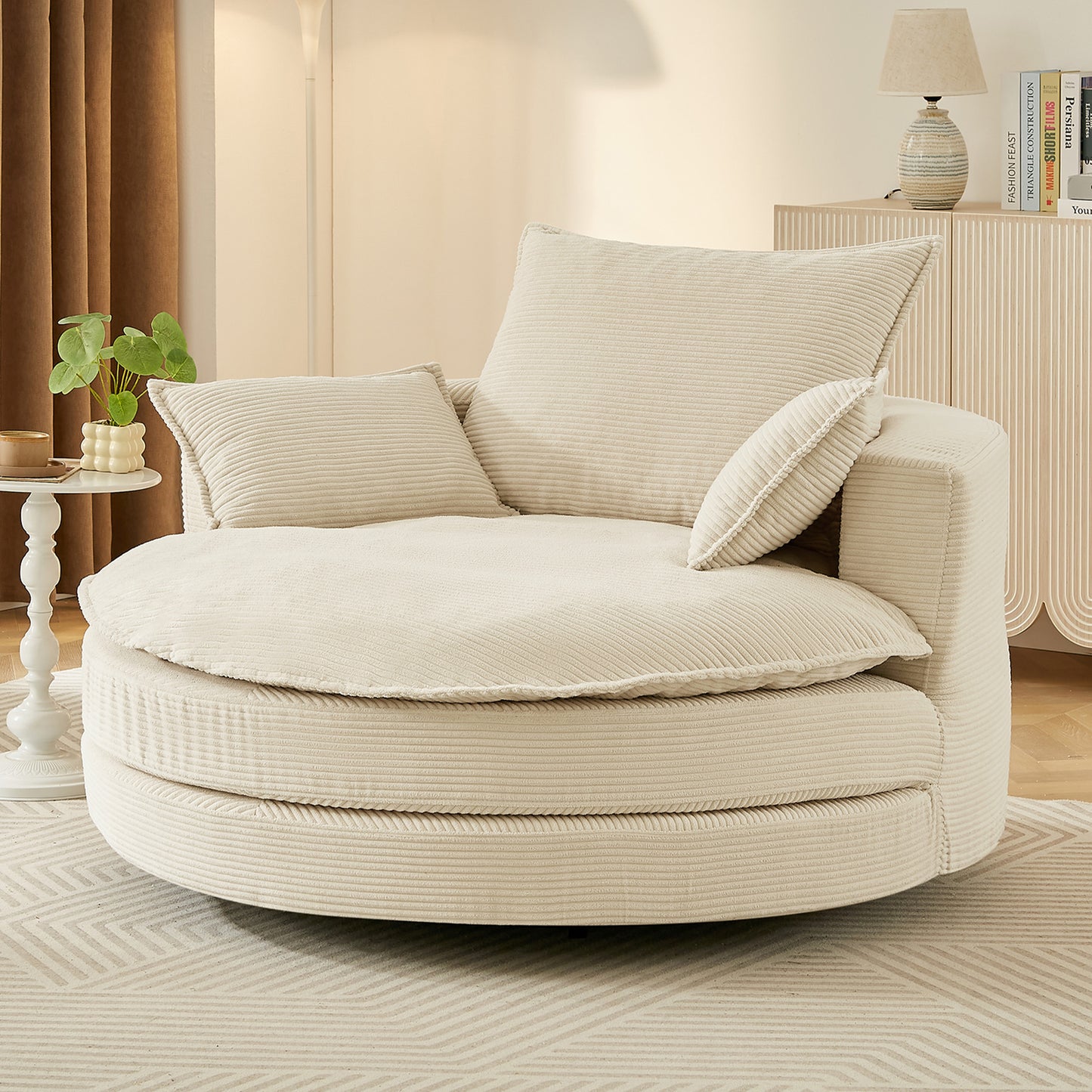 Oversized 360° Swivel Accent Chair with Dual-Layer Cushion - Beige