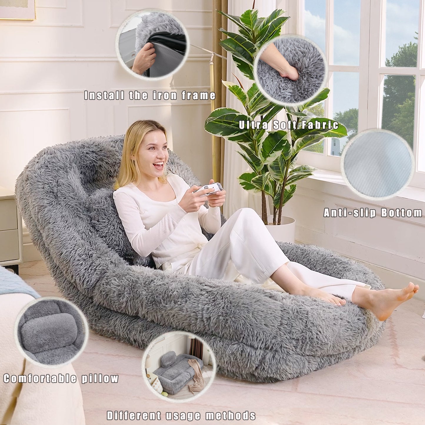 5-Position Adjustable Human Dog Bed & Lazy Sofa - Light Gray