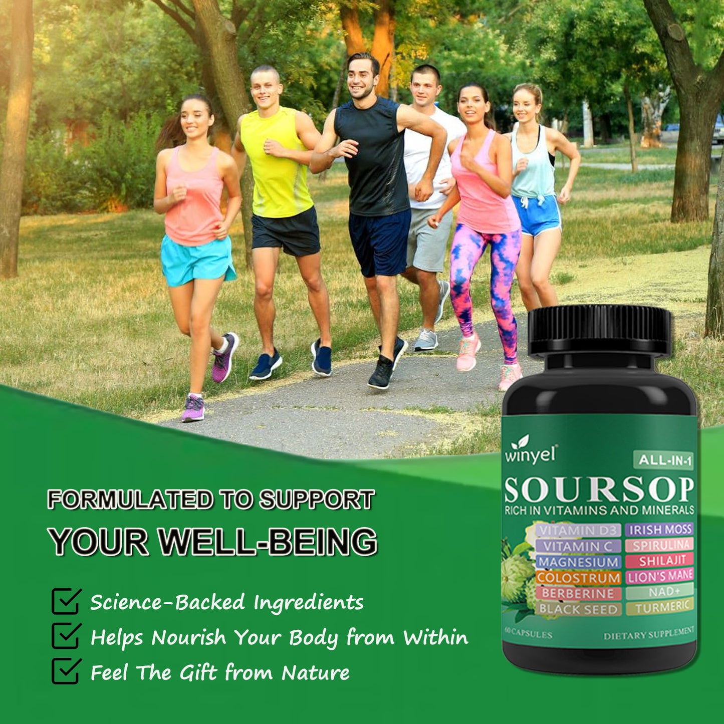 Soursop Herbal Supplement with Lion's Mane & Turmeric - 60 Vegan Capsules